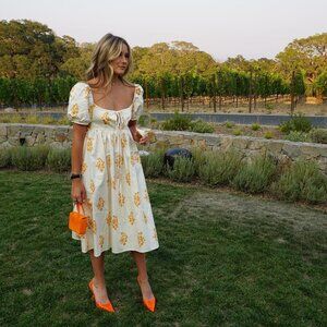 Ciao Lucia Alessia Marigold Puff Short Sleeve Tie Neck Floral Dress XS